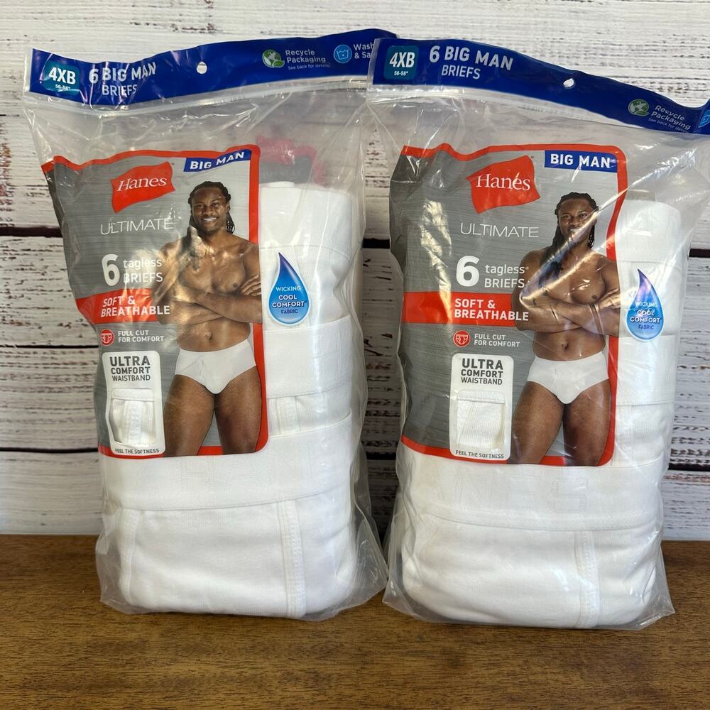 NEW Hanes Tagless Briefs Underwear White Cotton Mens 4x Big Man 2Packs 12 pr